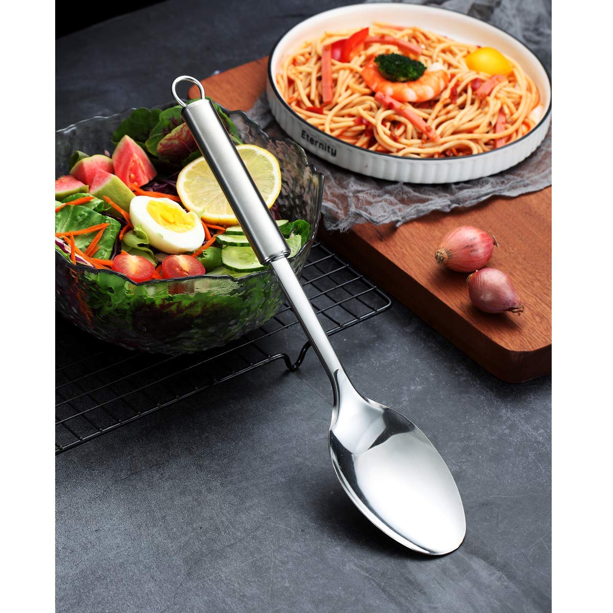 Berglander Solid Spoon, Stainless Steel Solid Cooking Spoons,Solid Serving, Kitchen Spoons, Spoon for Cooking, Basting Non-Stick And Heat Resistant, Dishwasher Safe (Silver)