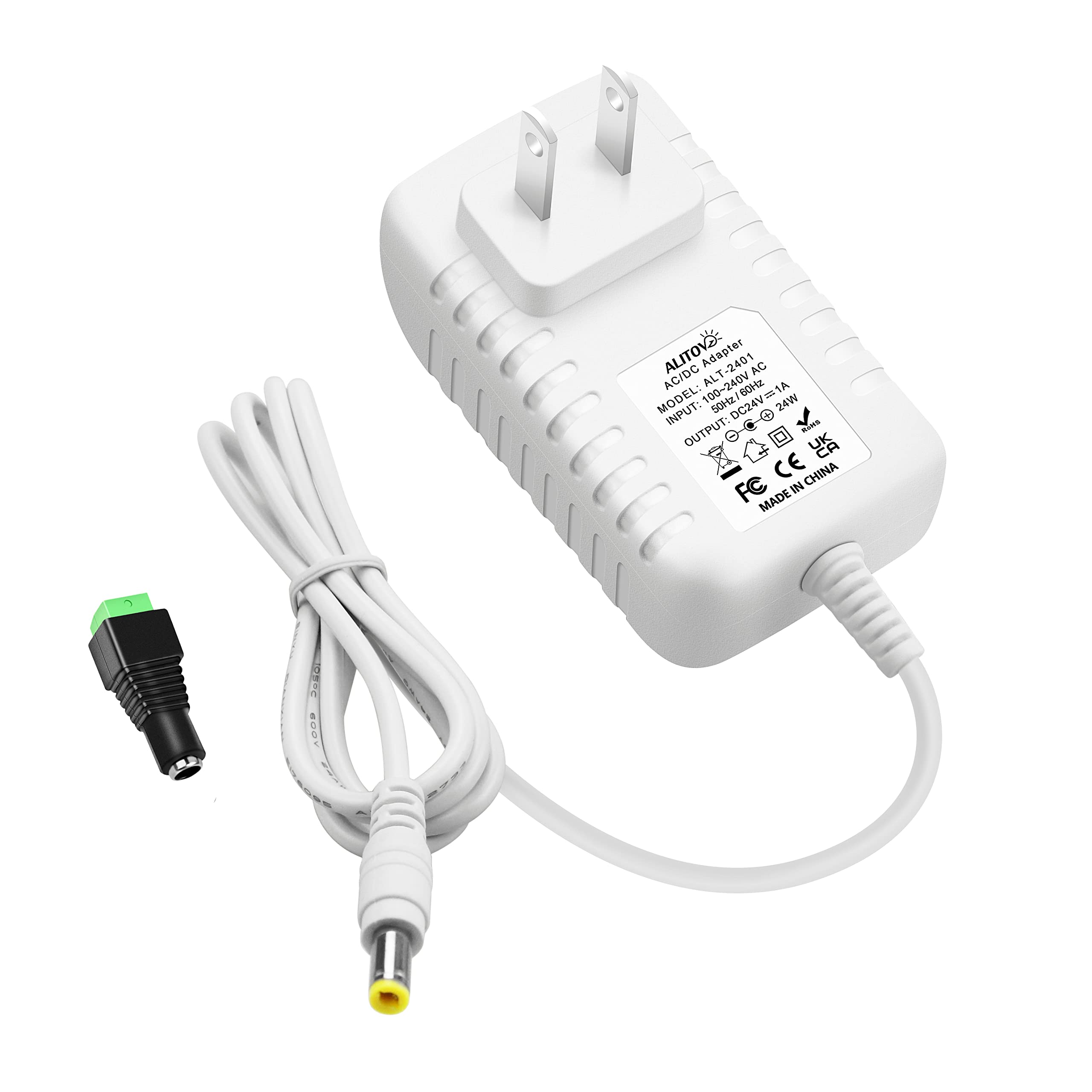 ALITOVE 24V 1A Power Supply 100~240V AC to DC 24 Volt 1 Amp 24W Converter 24 vdc 1000mA 800mA 600mA 400mA 200mA AC Adapter with 5.5mm x 2.5mm 2.1mm Plug for LED Strip Light CCTV Camera DC Pump, White