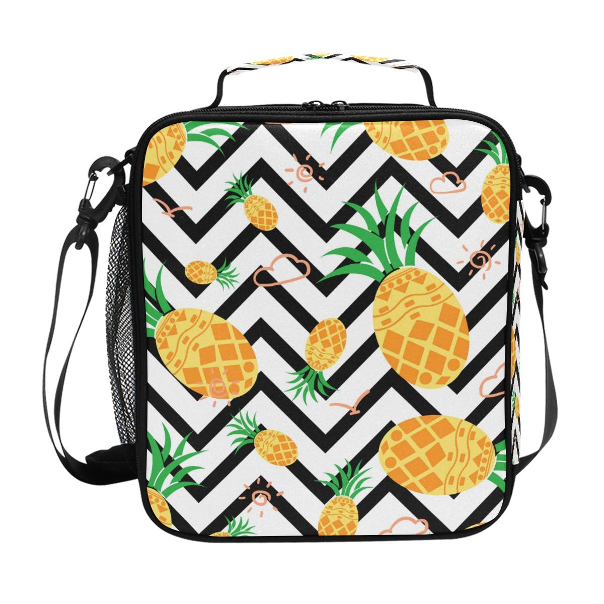 FFY Go Girls Pineapple Lunch Bags Yellow Pineapple Chevron Large Insulated Lunch Box Tote Bag Cold Thermal Freezable Shoulder Strap for Kids Teen School Work