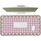 Cute Pink Green Scalloped Desk Mat Checkered Large Mouse Pad Kawaii Retro Cozy Vintage Cottagecore Aesthetic Office Desk Decor Stitched Nonslip Pad for Computer Keyboard & Mouse 31 * 15.7in