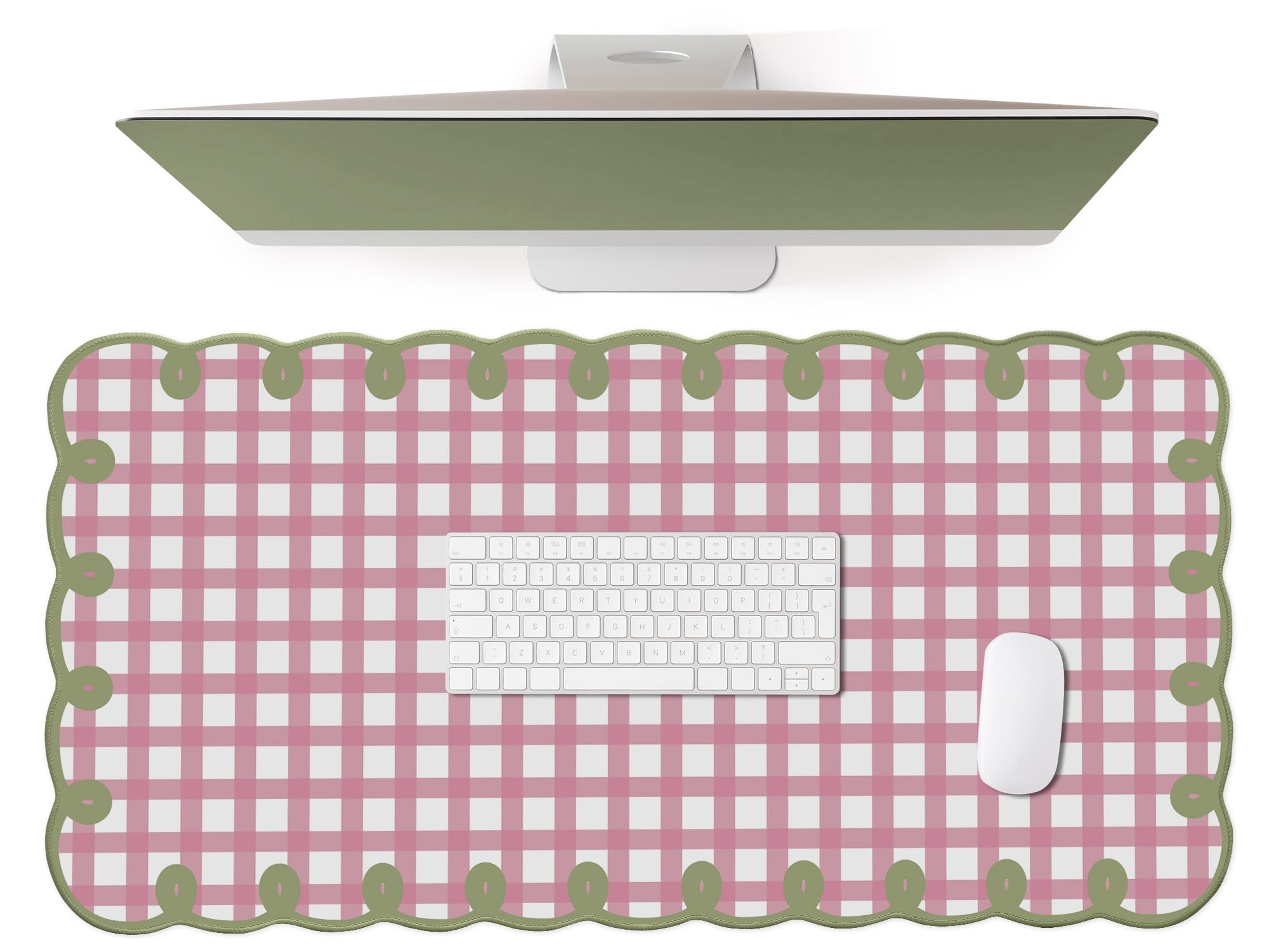 Photo 1 of (USED/FAIR) Cute Pink Green Scalloped Desk Mat Checkered Large Mouse Pad Kawaii Retro Cozy Vintage Cottagecore Aesthetic Office Desk Decor Stitched Nonslip Pad for Computer Keyboard & Mouse 31 * 15.7in