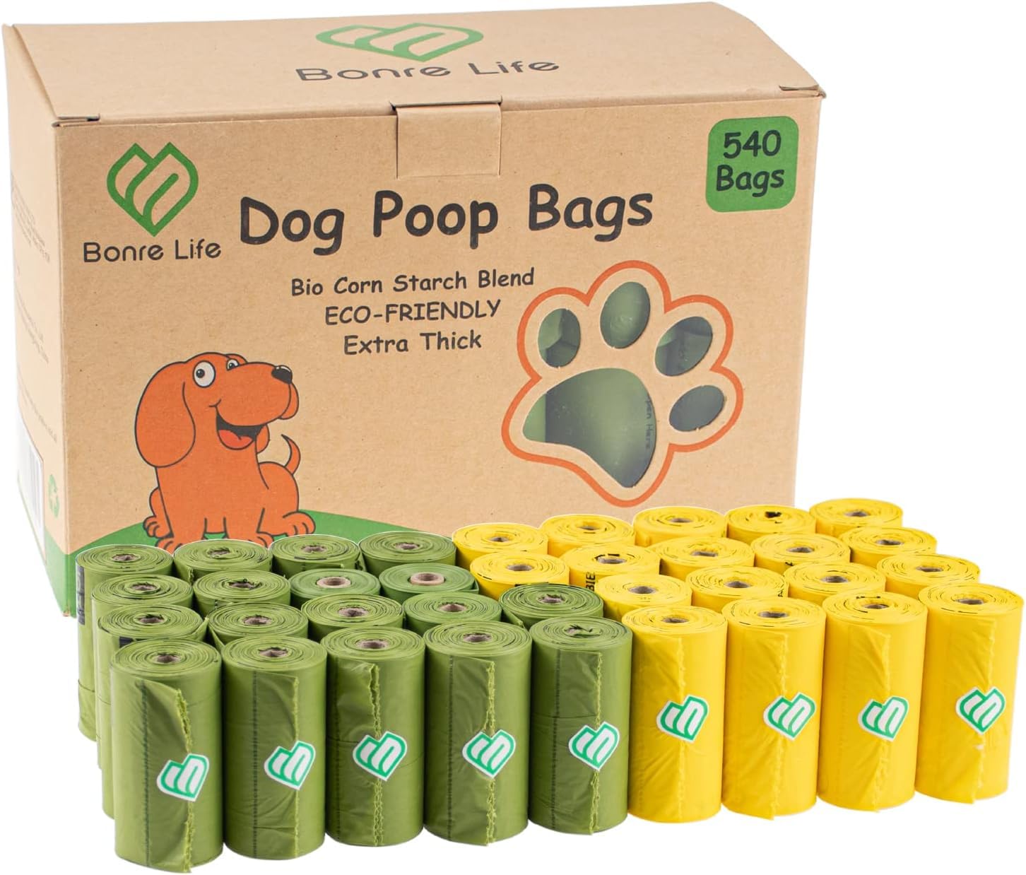 Bonre Life Dog Poop Bags Rolls, 540 Extra Thick Poo Bags, Biodegradable & Leak-Proof Dog Waste Bags Made from Corn Starch, Dual-Color, Unscented