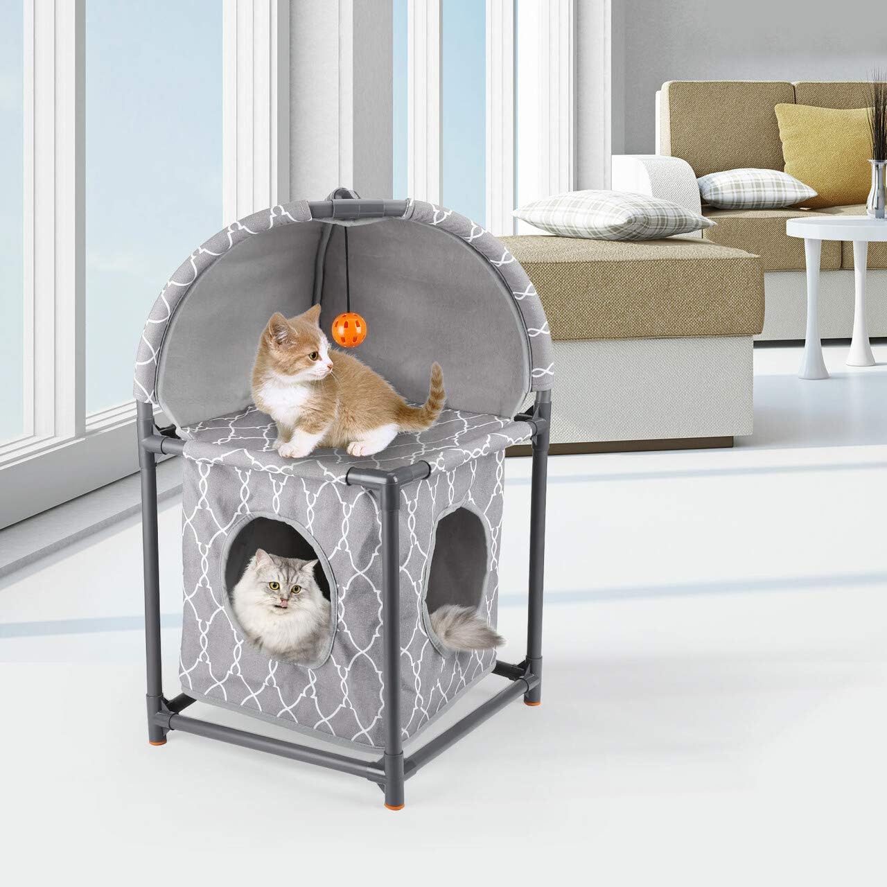 isYoung Cat House, 2 Tier Assemblable Cat Condo, 2-Story Cat Bed Washable Linen Easy Installation and Disassembly with Cat Toy (Grey) : Pet Supplies