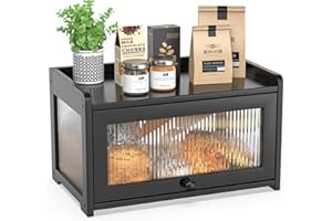 BAMBANG Bamboo Bread Box for Kitchen Counter, Large Capacity Bread Storage Container Farmhouse Bread Box with 3 Sides Wavy & 