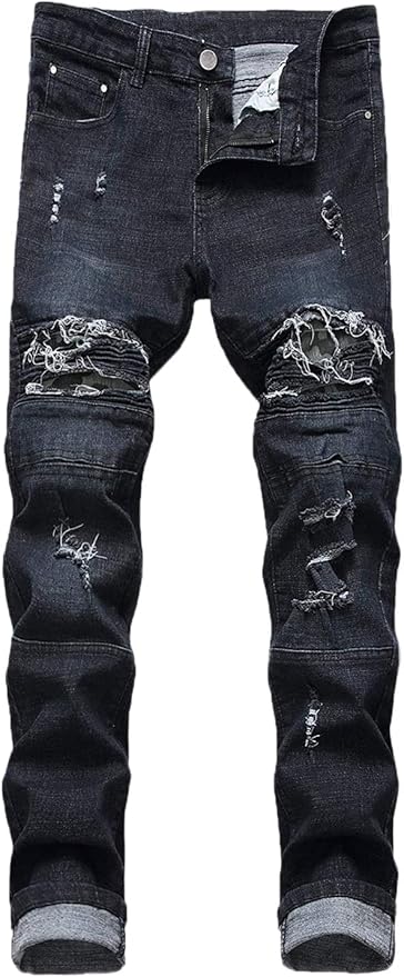Enrica Men's Ripped Distressed Destroyed Straight Fit Washed Denim Jeans