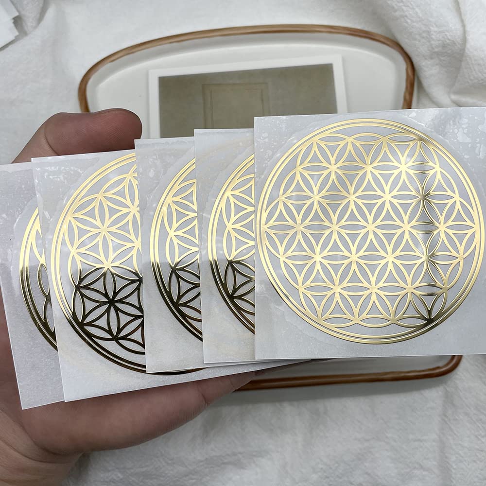 Photo 1 of 5 Pcs/Bag Flower of Life Gold Plated Thin Metal Sticker for Stone Crystal, Adhesive Pyramid Sacred Geometry Metal Energy Decor Sticker,Meditation Decor (70mm Diameter, Gold)