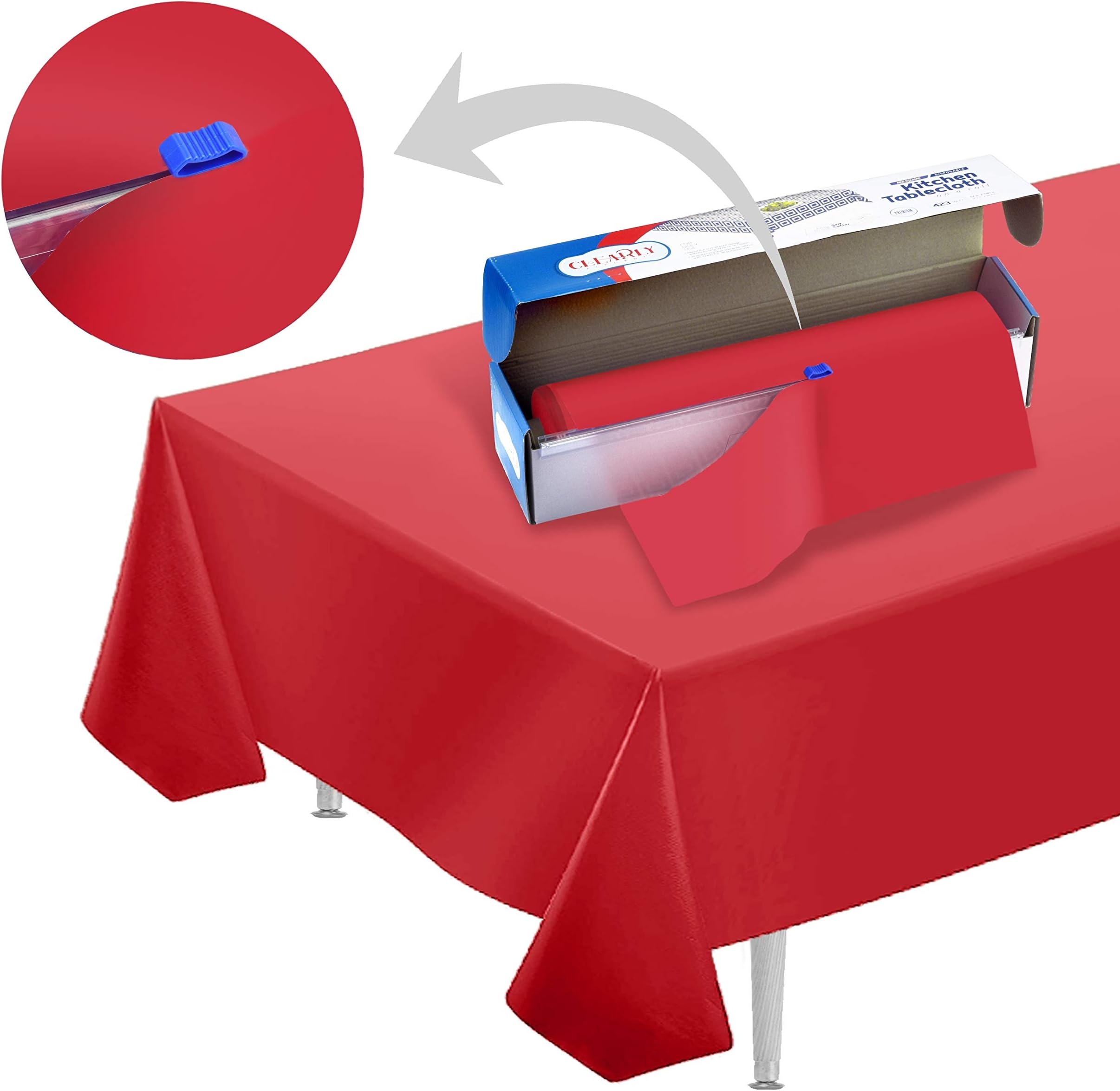 Disposable Table Cover: Durable Plastic Indoor/Outdoor Tablecloth 100' X 52" with Easy to Use Safe Cutter for Patio, Parties, Barbecue & Kitchen Table (Ruby Red)