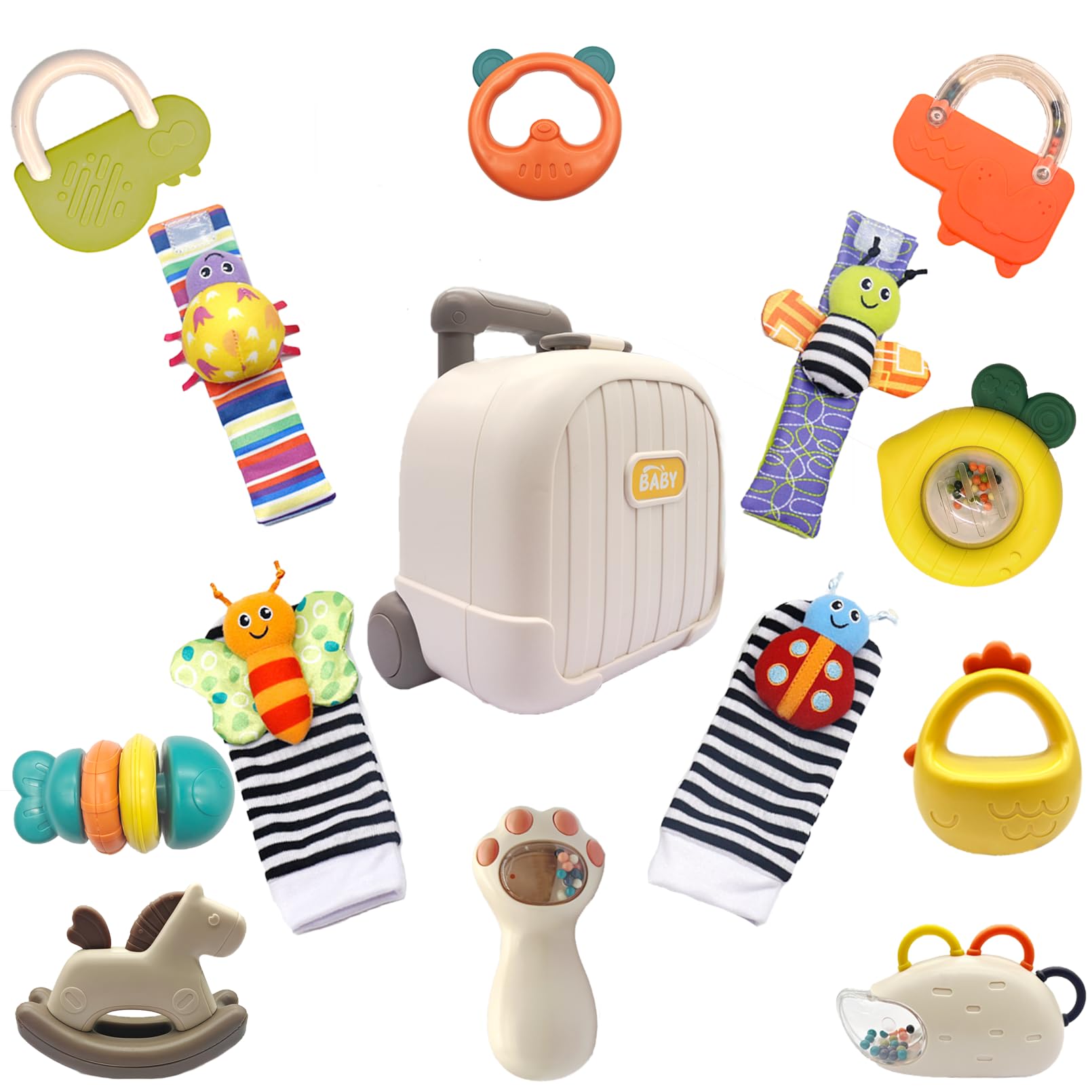 CHENINKJG Baby Rattle Teething Toys, 14Pcs Newborn Baby Toys + Storage Box, Animal Shaped, Colours, Teether