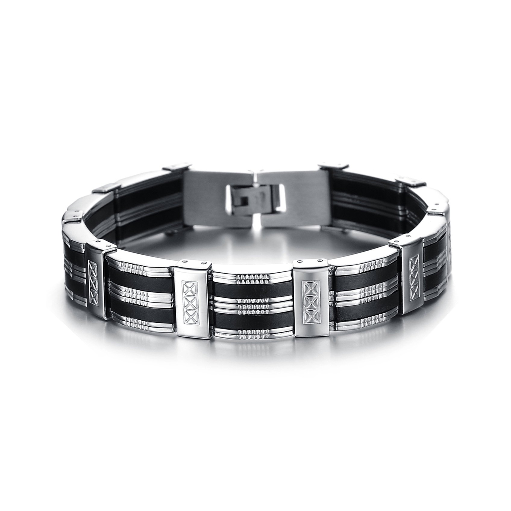 Flongo Black Rubber Stainless Steel Mens Link Chain Bracelet, 8.27 inch Wristband Cuff Bangle, 13mm Wide Silver Black Silicone Wristband, Women Men Bangle Bracelet Birthday Valentine Gift