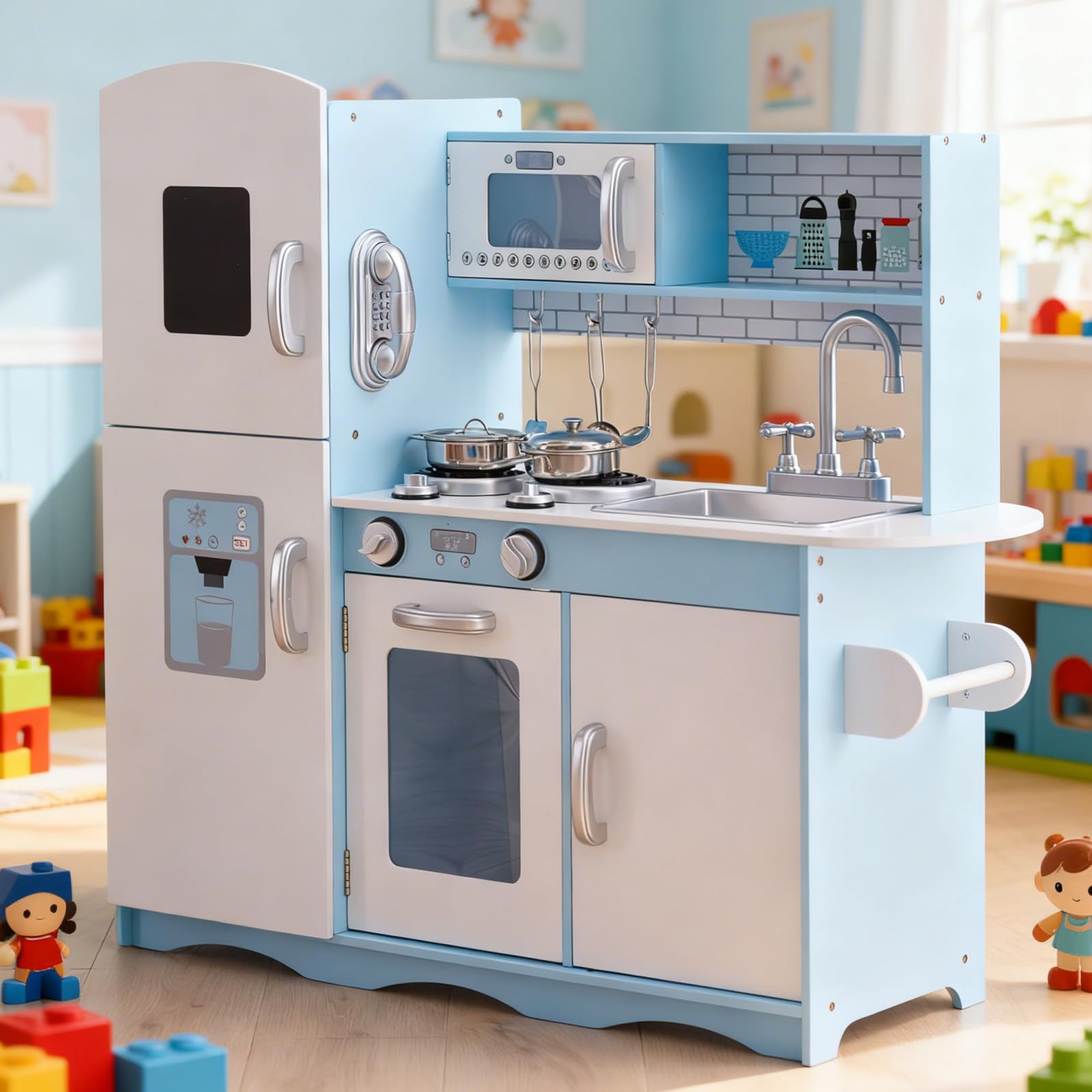 GALACTICA Wooden Pretend Play Kitchen with Utensil Toys for Kids Boys Girls Children's Cooking Role Play Set Game Gift WW-PK-04 Blue