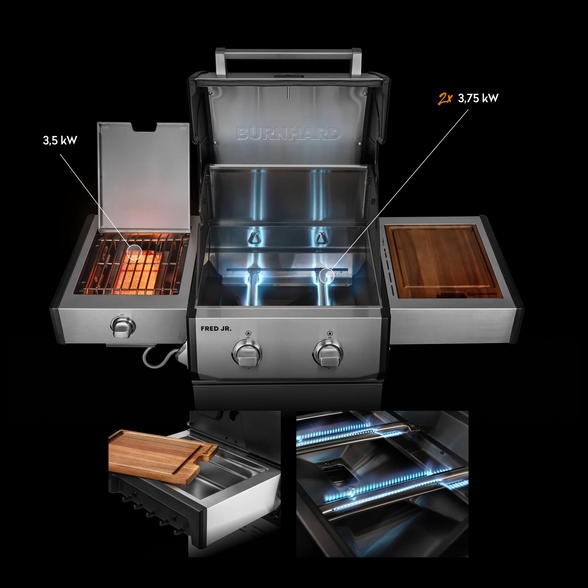 BURNHARD® Gasgrill 2-Brenner 900°C Infrarot-Keramikbrenner, Gusseisen-Grillrost, klappbare Seitentische, Grillabdeckung – FRED Jr. Deluxe – Series 3 2