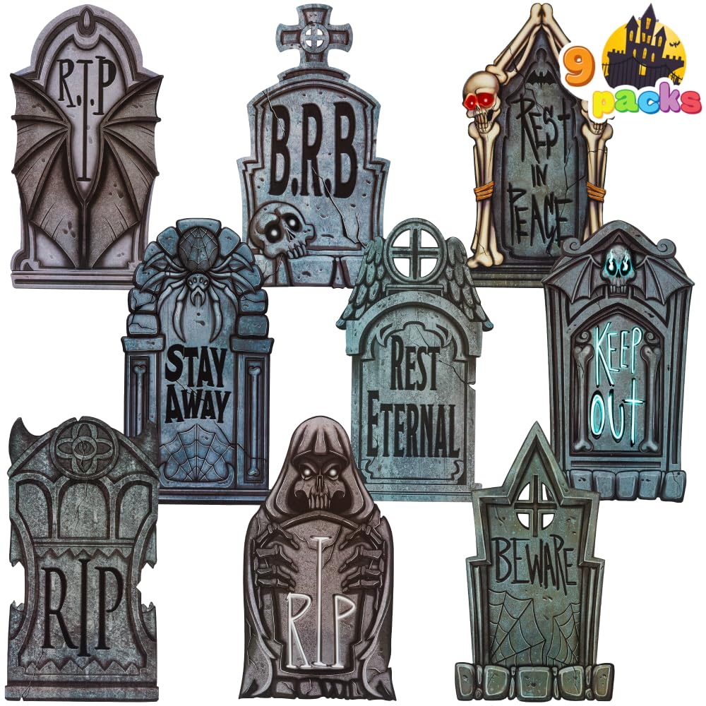 Photo 1 of JOYIN 16" 9 Pcs Halloween Tombstones Decorations Outdoor Graveyard Decor, Yard Lawn Cemetery Plastic Headstones with 18 Metal Stakes for Halloween Indoor Prop Decorations, Party Decor Supplies