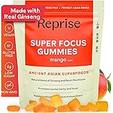 Focus Gummies for Adults | American & Korean Ginseng with Reishi Mushroom extracts | All Natural Gummies for Focus, Mood, and Energy | Mango Flavored | 45 Count