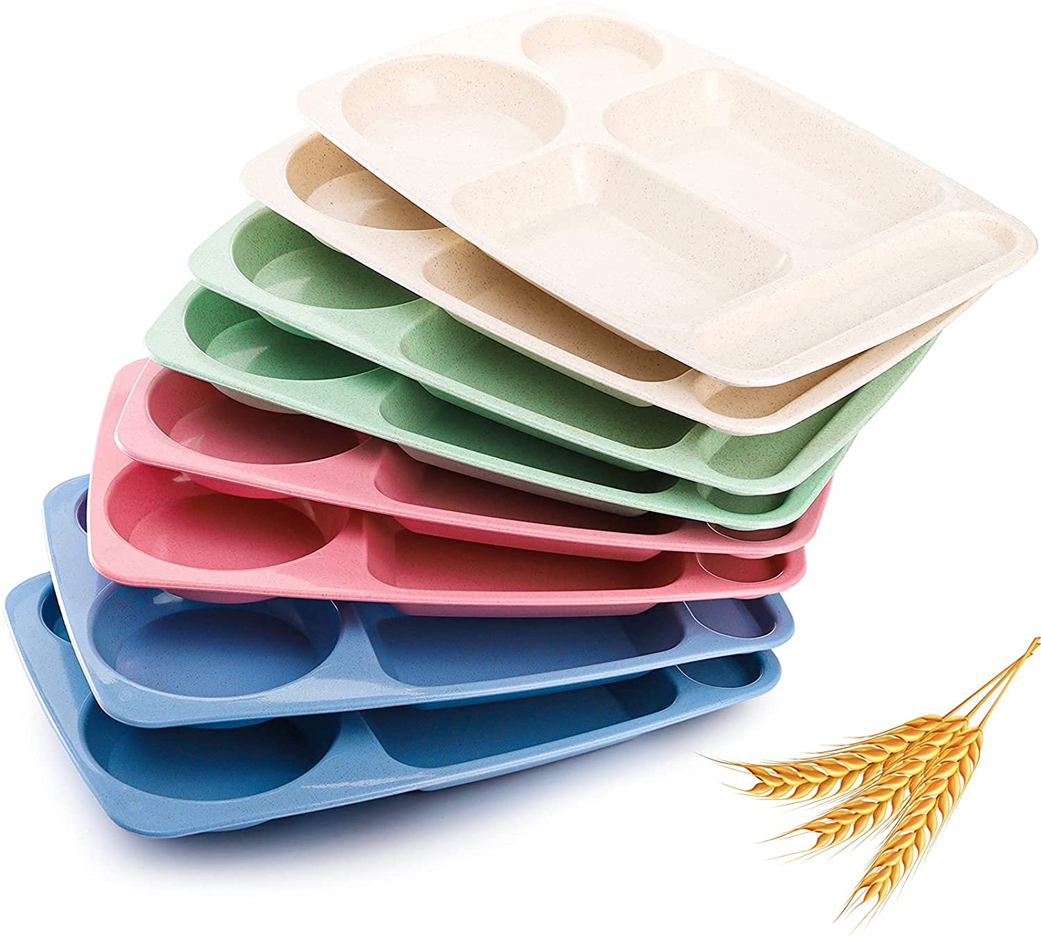 Photo 1 of WUWEOT 8 Pack Divided Food Plates, 13.5" Wheat Straw Tray, 5-Compartment Unbreakable Fast Food Tray, Microwave Dishwasher Safe, BPA Free, Lightweight