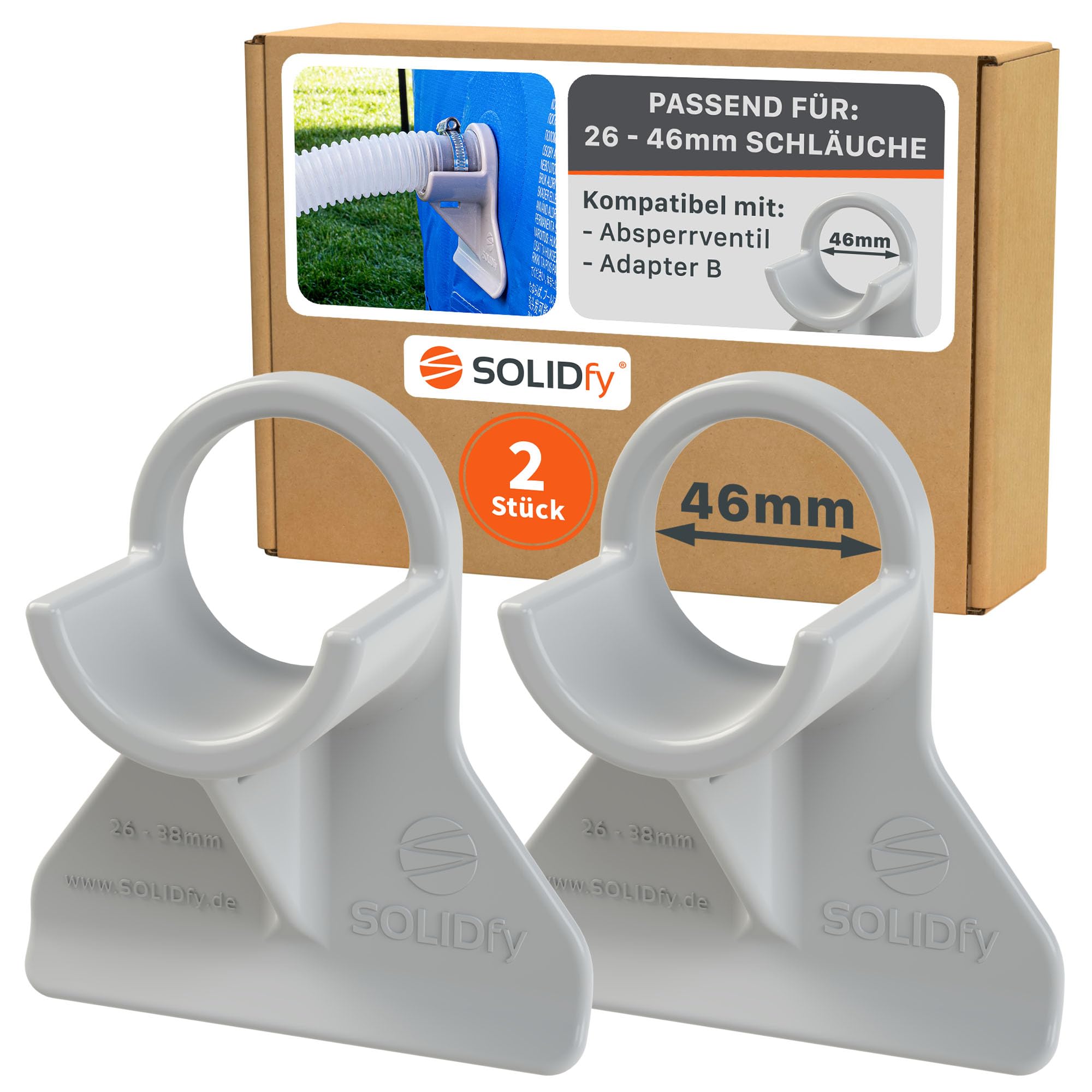 SOLIDfy® - [2x] Pool Hose Holder 26 mm - 46 mm | Hose Holder for Intex, Bestway, Pike | Also with Adapter B and Shut-Off Valve Pipe Holder 32 mm 38 mm Kink Protection in Grey