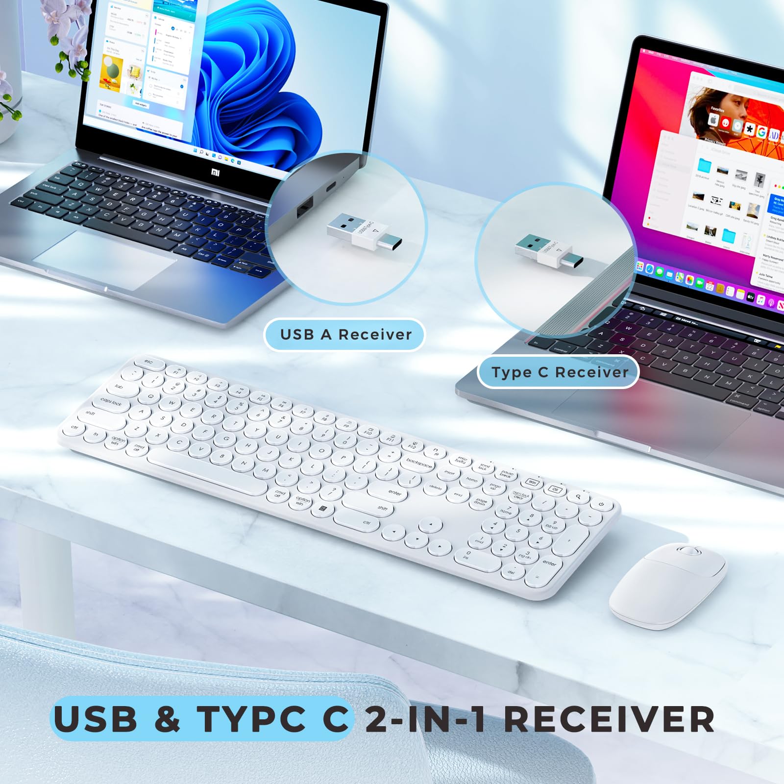 seenda Wireless Keyboard and Mouse, USB & Type C 2-in-1 Receiver, SK73-3 Full Size White Wireless Keyboard Mouse Combo, Compatible for Windows, MacBook Pro/Air, Laptop, Desktop, PC - White