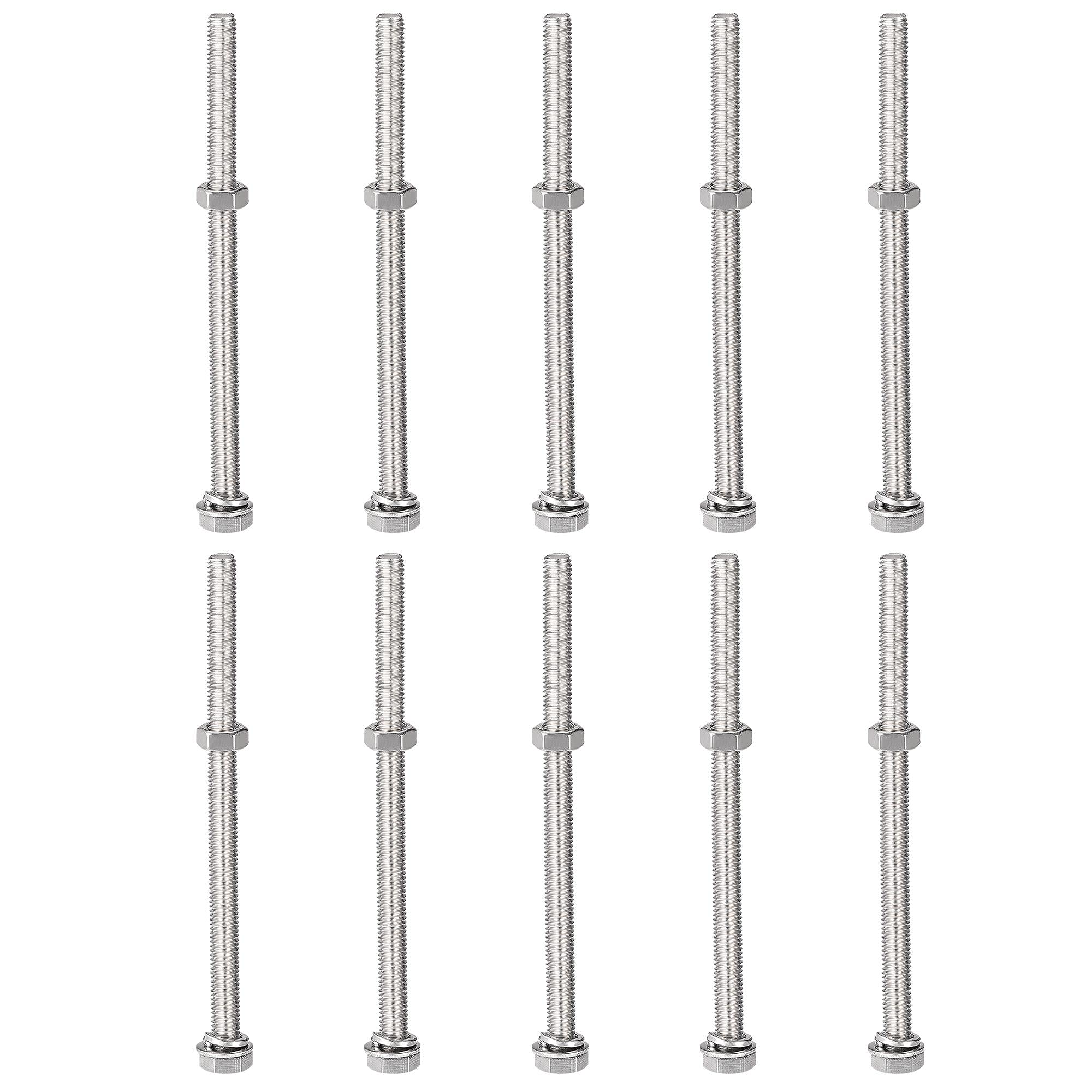 sourcing map M8 x 130mm Hex Head Screws Bolts, Nuts, Flat & Lock Washers Kits, 304 Stainless Steel Fully Thread Hexagon Bolts 10 Sets