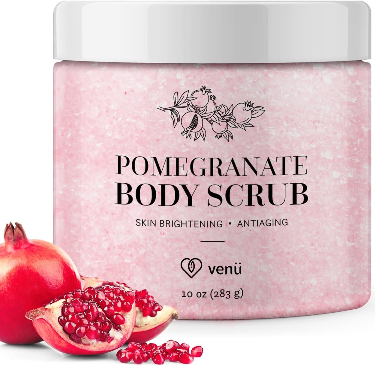 Pomegranate Salt Body Scrub - Daily Exfoliating Treatment to Brighten Skin - Anti-Aging and Anti-Inflammatory Properties - For Varicose and Spider Veins and More - By Venu