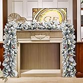 Muufuuser Christmas Snow Flocked Garland with Lights, Cedar Xmas Holiday Decoration Artificial Garland with Pinecones Berries for Stairs Fireplaces Wall Door Christmas Garland 9ft