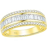 Wuziwen Women Sterling Silver Round and Baguette Eternity Ring Wedding Band for Women Cubic Zirconia Sz 5-10