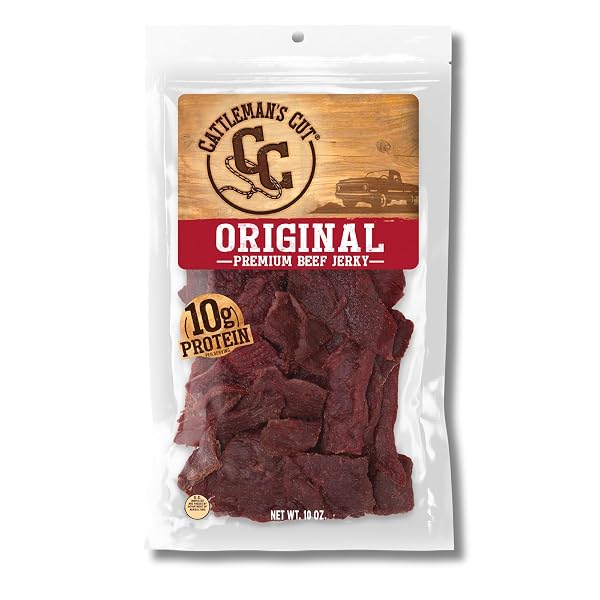 CATTLEMAN’S CUT ORIGINAL BEEF JERKY, PREMIUM MARINATED STEAK HIGH PROTEIN MEAT SNACKS, KETO FRIENDLY, GLUTEN FREE, CARNIVORE TRAVEL SNACK, RESEALABLE BAG, 10 OUNCES