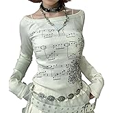 Grunge Off Shoulder Tops Women Long Sleeve Fitted 2000s Goth Emo Music Shirt Teen Girls Vintage Y2k Graphic Tee
