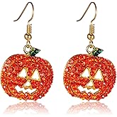 Dreuyet Rhinestone Pumpkin Earrings Red Orange Crystal Halloween Smiling Face Pumpkin Dangle Earring for Women Holiday Festive Costume Jewelry