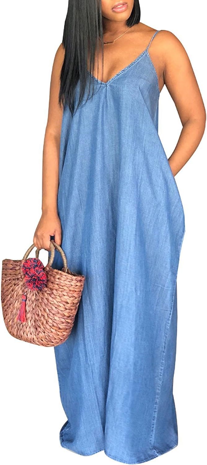 ChuanqiWomens Summer Spaghetti Strap Dresses Casual Denim Deep V Neck Loose Maxi Dress