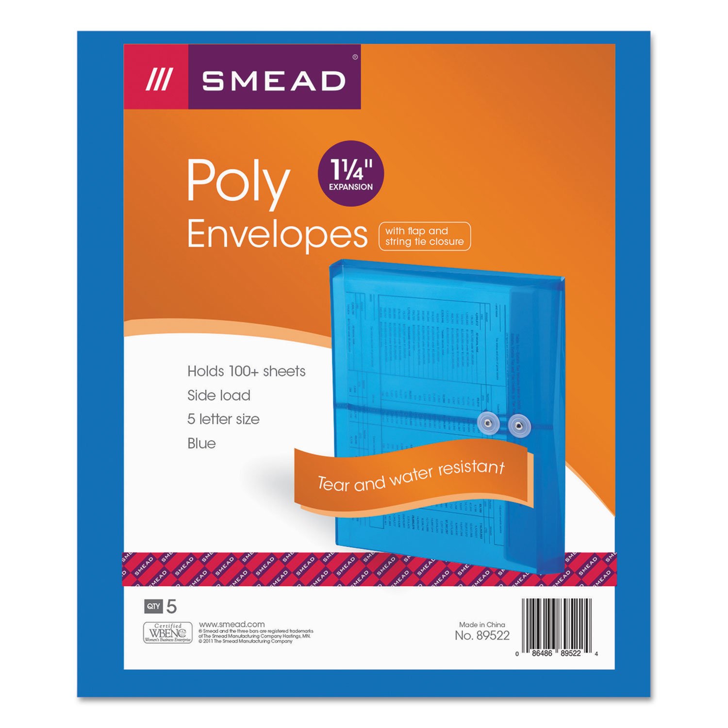 Smead Poly Envelope, 1-1/4" Expansion, String-Tie Closure, Side Load, Letter Size, Blue, 5 per Pack (89522)