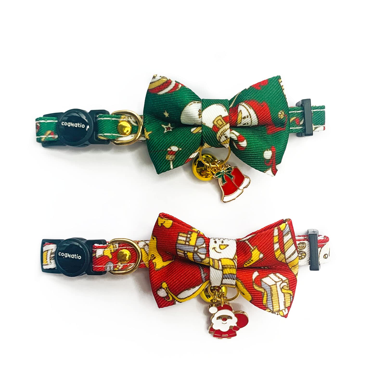 Cognatio Christmas Cat Collar, Snowman Patterned Kitten Collars with Removable Bell and Bow Tie, Adjustable 20-30 cm, 2 Pack (Christmas Red+Green)