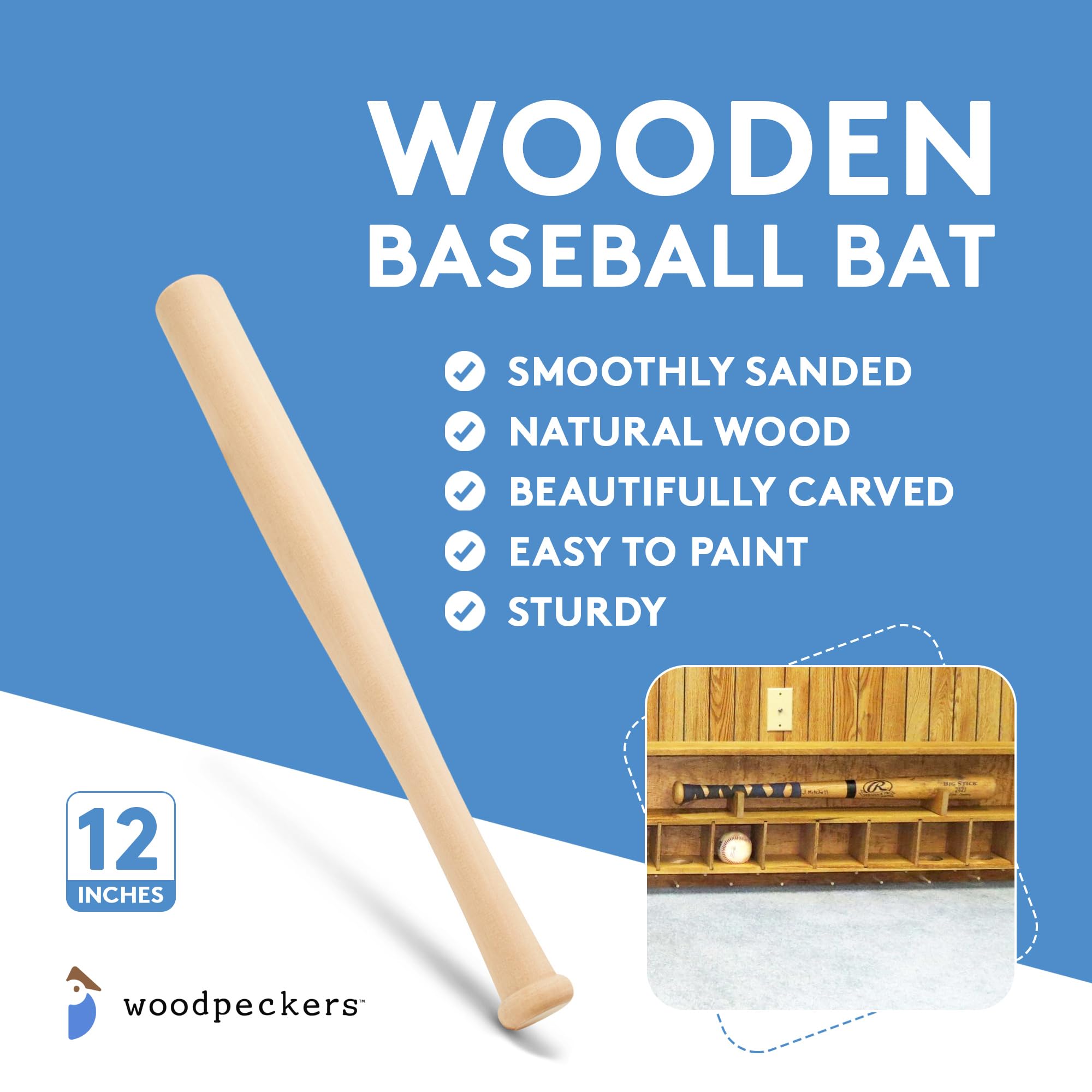 Wood Baseball bat 12 Inch Pack of 2 Unfinished Mini Wood Baseball Bat, Small Bat, Party Decor, Bedroom, Crafts, by Woodpeckers