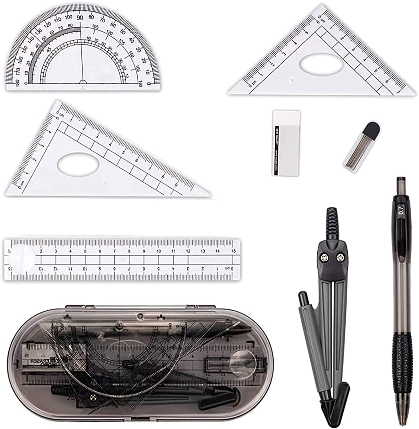 Geometry set, mathematical geometry set, stainless steel compass drawing tool, for drawing, measuring, mathematical modelling and learning. Geometry sets