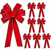 Iceyyyy 8 Pcs Large Christmas Bow-30.7" x 10.6" Christmas Golden Edged Red Velvet Bow-Christmas Tree Topper Ornament Bow for Xmas Home Wreath Decoration
