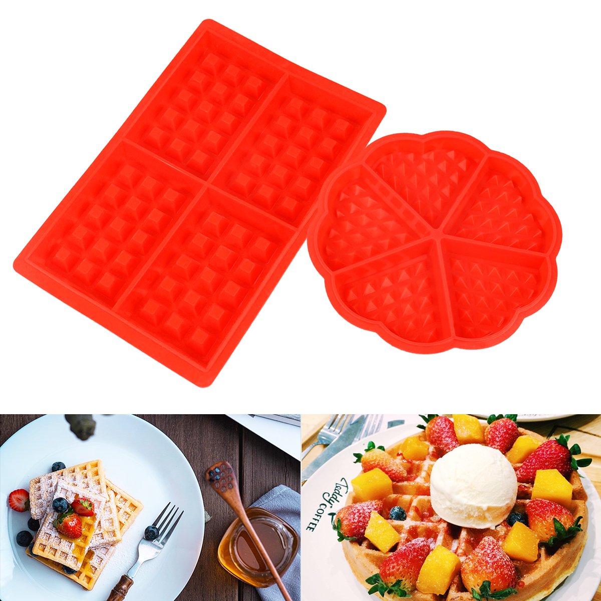 Waffel Form 2er Set Herz und Rechteckige Silikon Backform Kuchenform Eiswürfelform Schokoladen Süßigkeiten Formen Rot