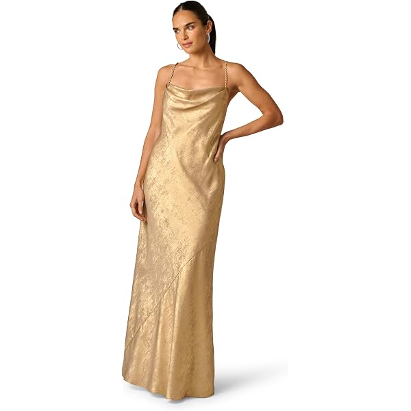 Amazon.com: Nightway Juniors' Long Sequin Cowl Neck Gown W/Cross-Back  Spaghetti Straps & Side Slit - Prom Cocktail Party Gold : Clothing, Shoes &  Jewelry