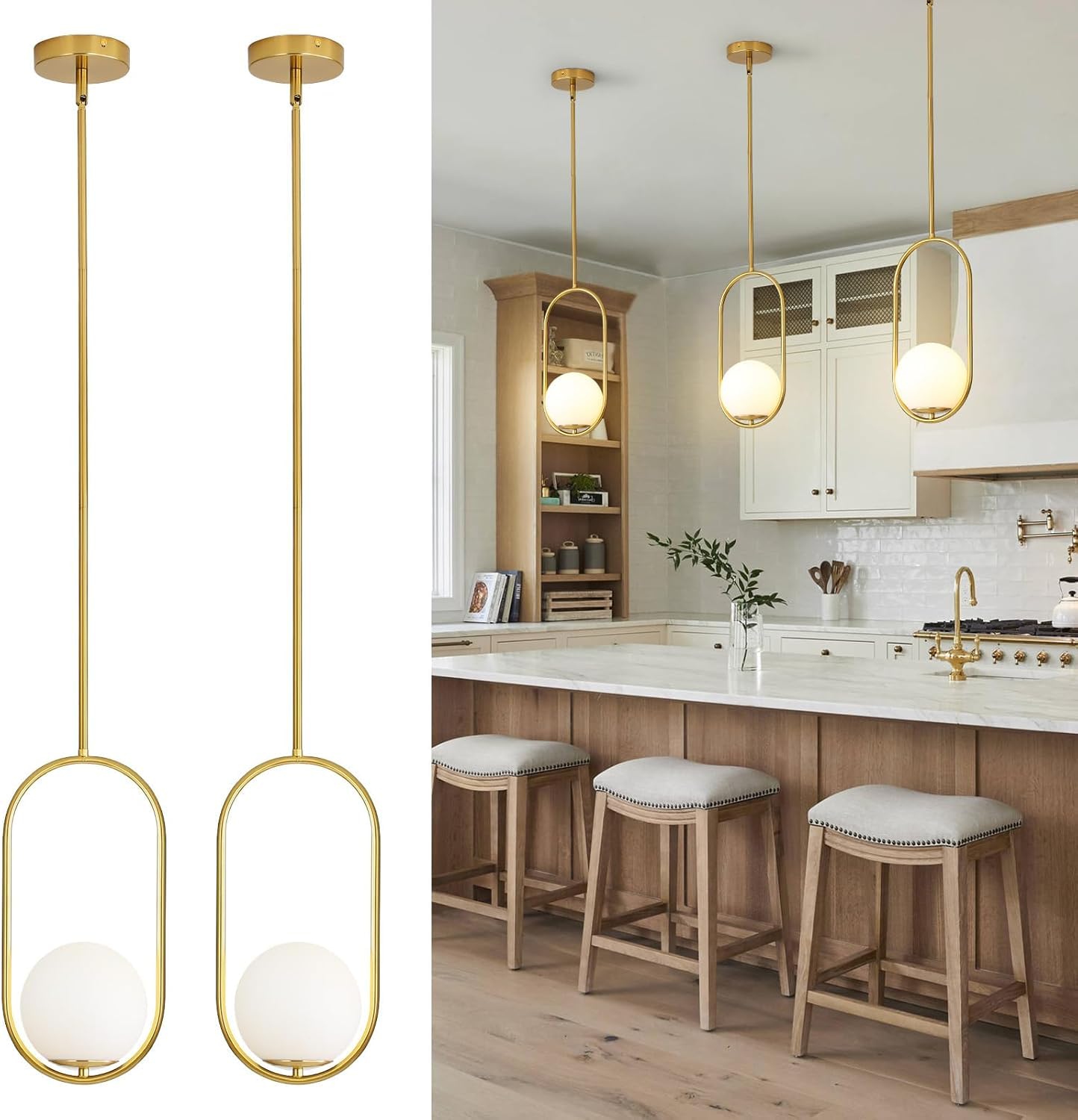 Photo 1 of Yunnix Pendant Lights Modern Gold Globe Pendant Light Kitchen Island Dining Room Light Fixture Pendant Lights for Bedroom Pendant Light Fixture One Light (Bulb Not Included) 2 Pack
