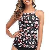 Tempt Me Women Pink Floral Tankini Top Only High Neck Bathing Suit Top Tummy Control Ruched Swimsuit Top Without Bottom M