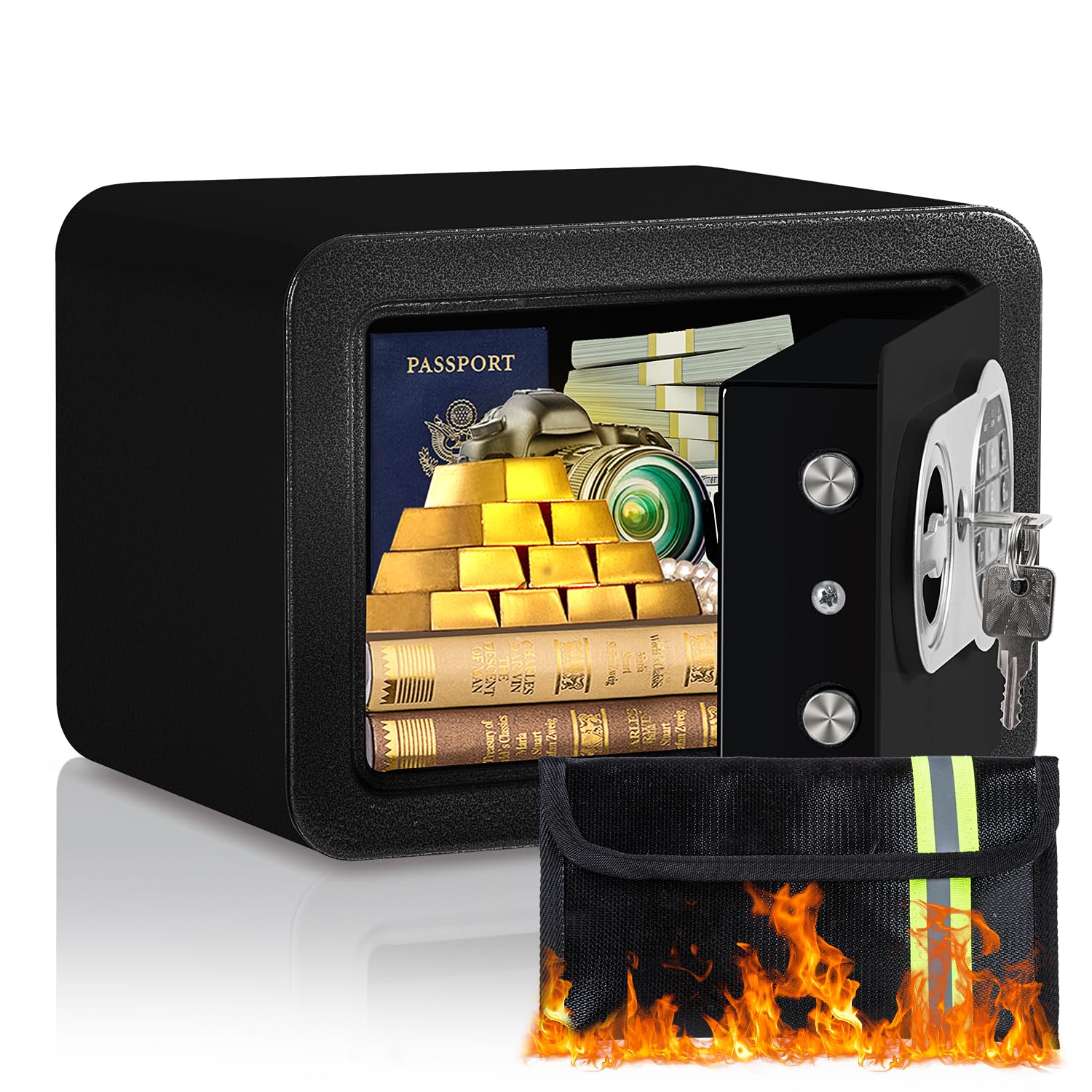 Photo 1 of 0.23 Cubic Feet Safe Box, Small Safe W/Fireproof Bag, Keys & Pass Code, Digital Electronic Security Money Box for Cash, Document, Home, Office, Hotel Use, Black, 6.69"D x 9.06"W x 6.69"H