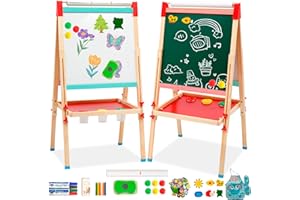 ARKYOMI Kids Art Easel with Paper Roll Double-Sided Easel with Whiteboard Chalkboard Standing Easel Wooden Kids Easel Height Adjustable Easel with Storage Tray for Kids