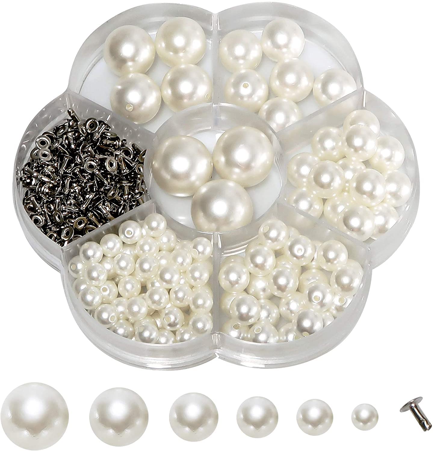 CENPEK 127pcs 6mm 8mm 10mm 12mm 14mm 16mm Mixed Size White Plastic Pearl Rivets with Base for Craft DIY Decoration Clothes Accessories