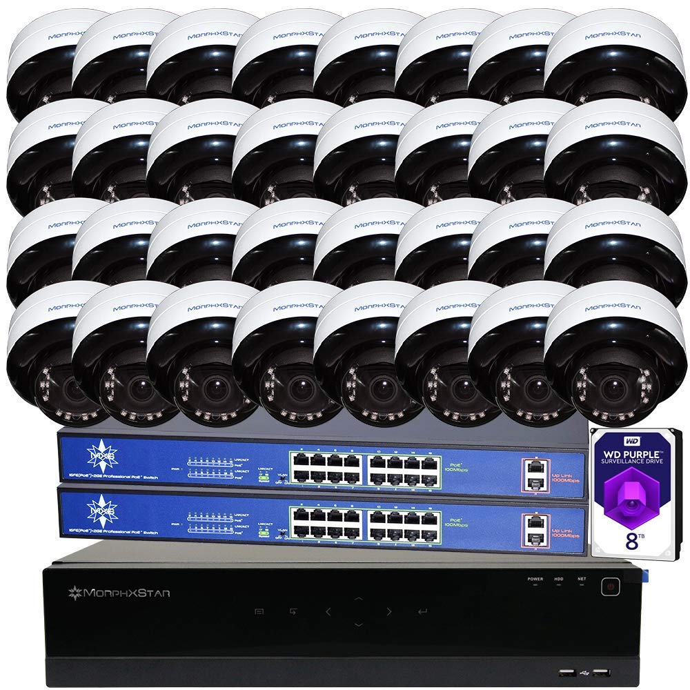 MorphXStar 4K Recording POE IP 32CH Remote Home Security System with 32 of 8MP Vandal Proof Dome Cameras, 32 Channel H.265 NVR & 8TB HDD - Microphone & Audio