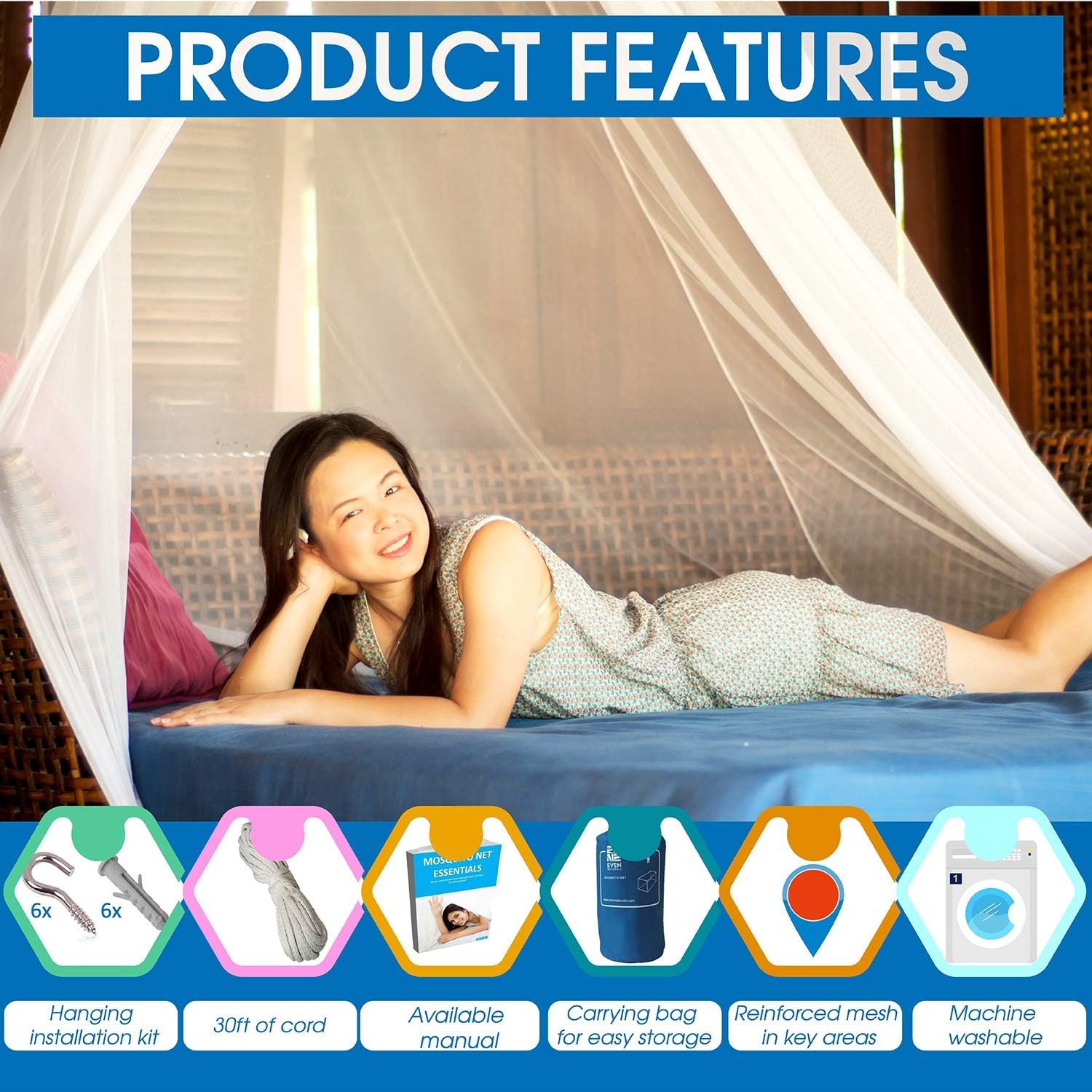 EVEN Naturals Luxury Mosquito Net for Bed Canopy, Tent for Single to Twin XL, Camping Screen House, Finest Holes Mesh 300, Square Netting Curtain for Bunk Bed, Easy Installation, Storage Bag: Home & Kitchen