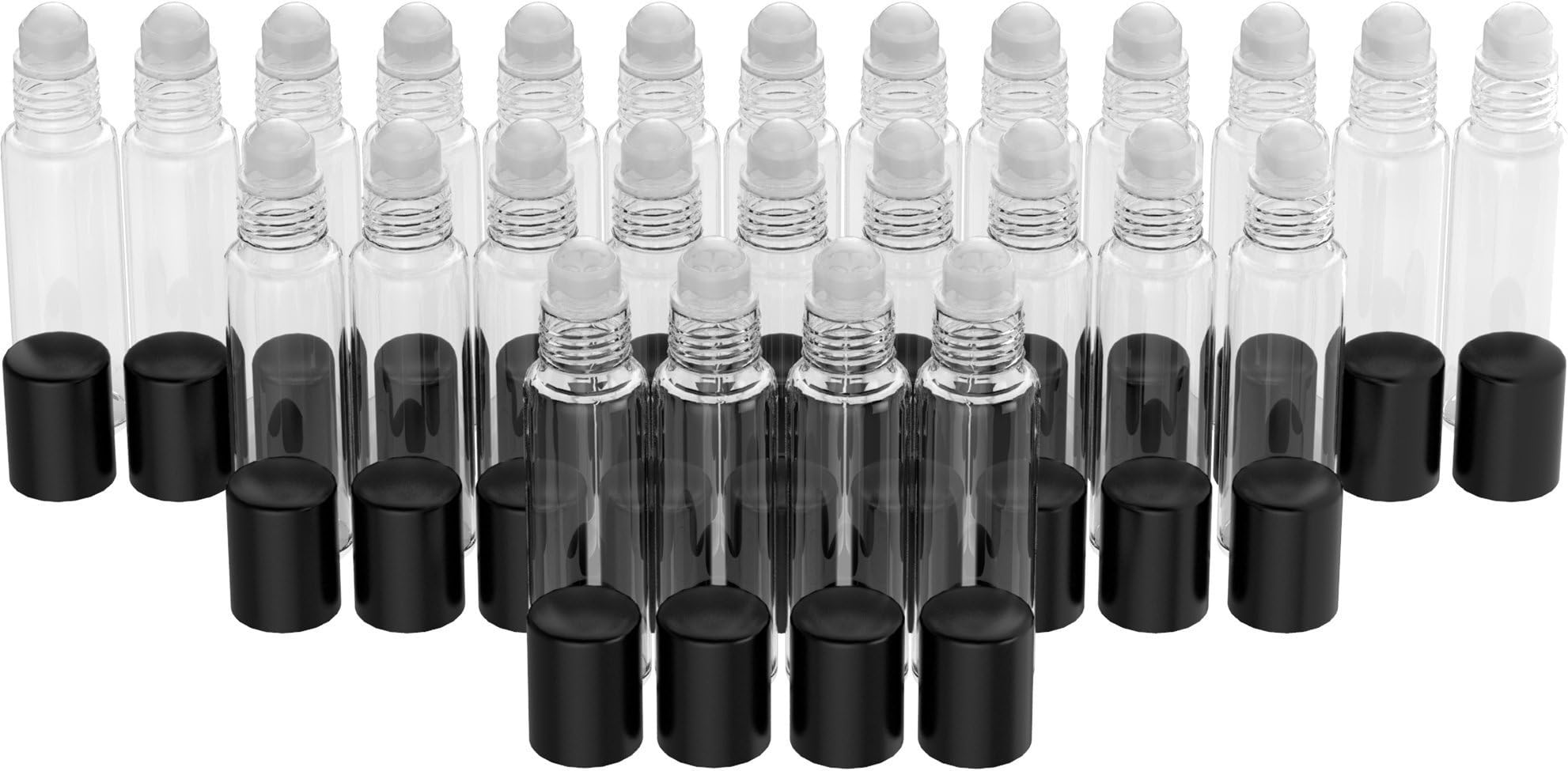 26 Pack - Essential Oil Roller Bottles [Metal Chrome Roller Ball] FREE Plastic Pippette, Funnel and Bottle Opener Refillable Glass Color Roll On for Fragrance - 10 ml 1/3 oz (Clear Color)