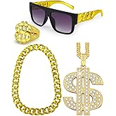 Hoedia 4 PACK 80s 90s Hip Hop Costumes Outfit Kit with Fake Gold Chains, Dollar Sign Chains, Sunglasses, Big Money Finger Ring Rapper Accessories for Men and Women Halloween Party Dress Outfits