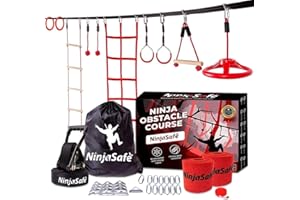 NINJASAFE Ninja Obstacle Course for Kids Backyard - 10 Durable Obstacles and 15m Slackline - Outdoor Playset Equipment for Girls & Boys with Climbing Net & Ladder, Wheel, Warrior Gymnastics & Monkey Bars