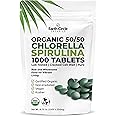 Premium Organic CHLORELLA /SPIRULINA 1000 Tablets (50/50) Kosher, Vegan - Green Algae Superfood, Cracked Cell Wall, Chlorophyll, High in Protein & Iron, no additives, or fillers 8.75 Oz (1 Pack)