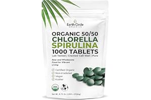 EARTH CIRCLE ORGANICS Premium Organic CHLORELLA /SPIRULINA 1000 Tablets (50/50) Kosher, Vegan - Green Algae Superfood, Cracked Cell Wall, Chlorophyll, High in Protein & Iron, no additives, or fillers 8.75 Oz (1 Pack)