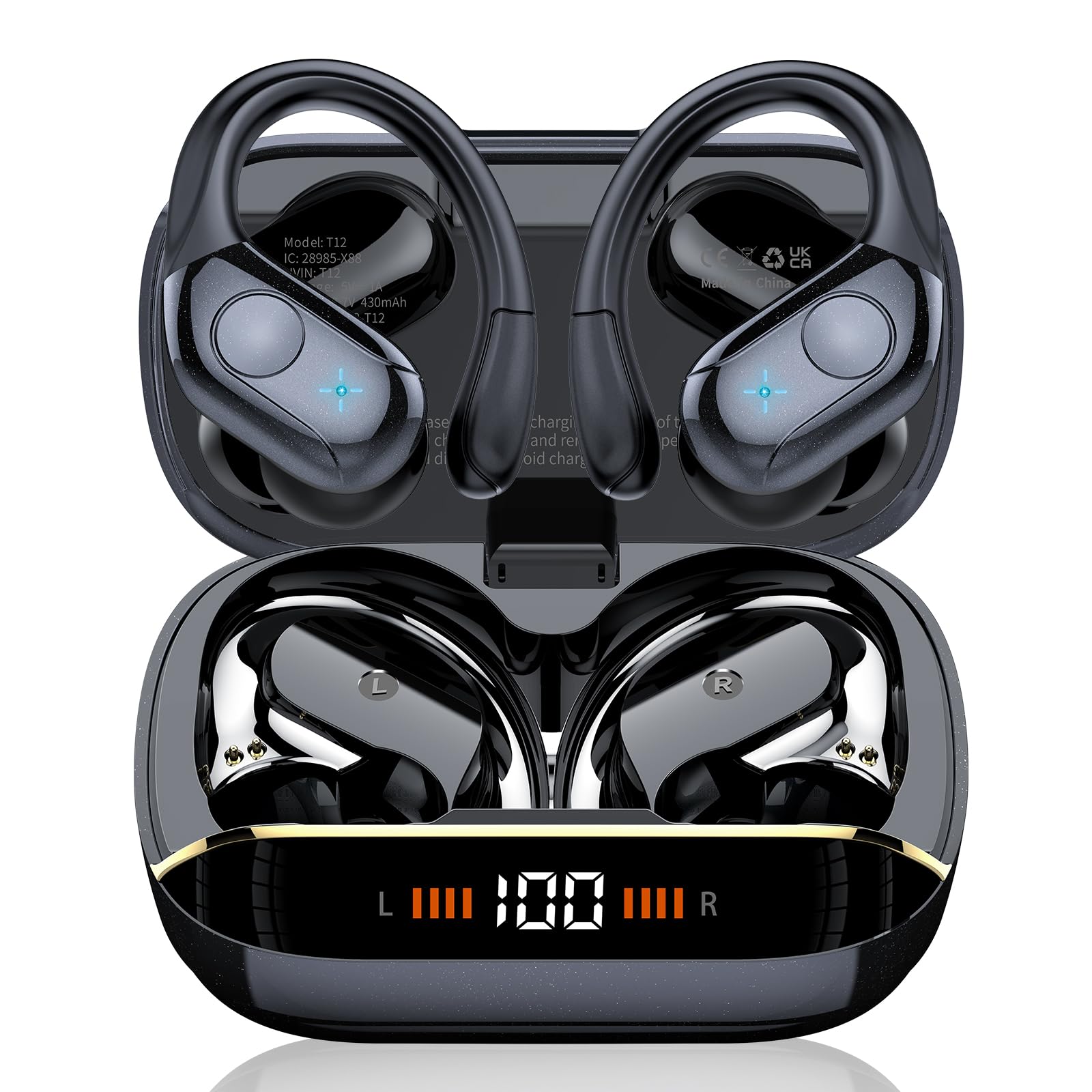 Wireless Earbuds Bluetooth 5.4 Headphones 75H Playtime Stereo Deep Bass Sports Ear Buds with Earhooks, LED Display Bluetooth Earbuds with 4 ENC Mic, IP7 Waterproof Earphone for Workout/Running, Black