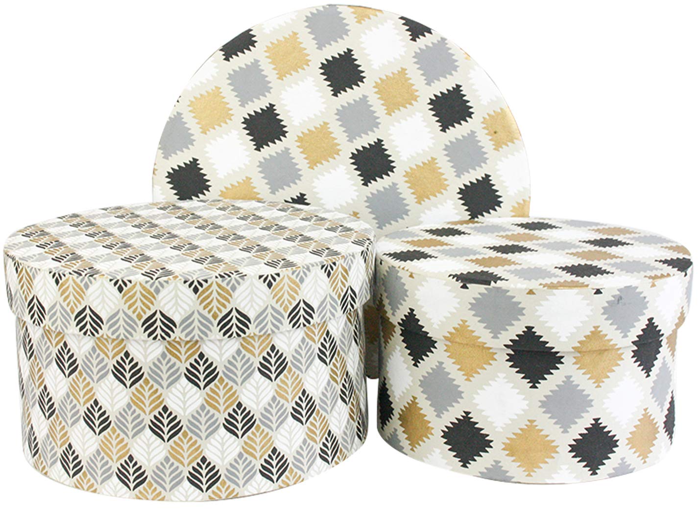 Emartbuy Set of 3 Rigid Luxury Round Shaped Presentation Handmade Cotton Paper Gift Box, Printed Black Gold White, Cream Interior