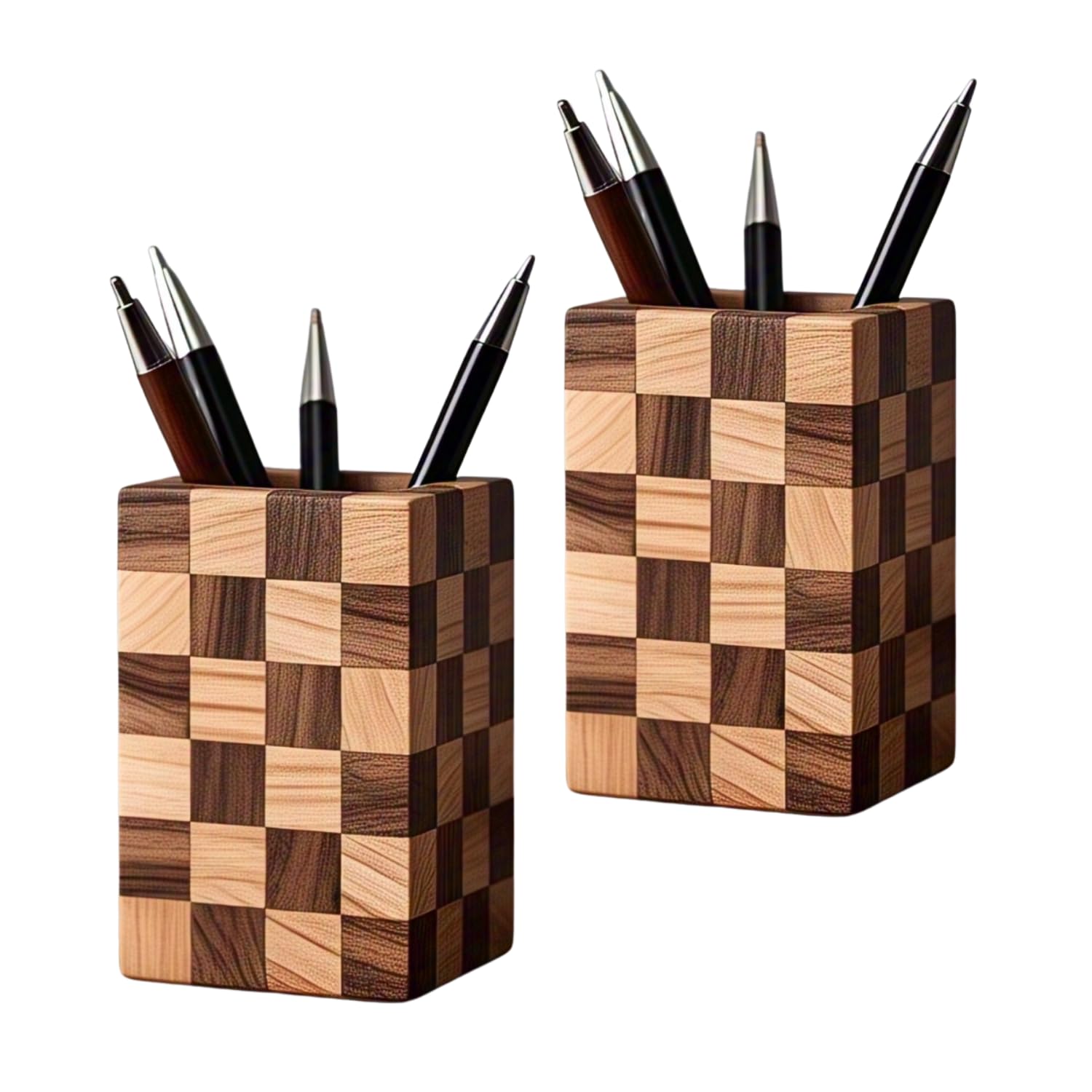 SHOPUKASA 2 Pack Wood Pen Pencil Holder Stand Multi Purpose Natural Wood Pencil Cup Pot Desk Organizer Storage Box (2 Pack Mosaic Pattern)